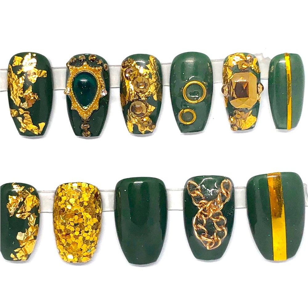 Handmade Press on Nails UV Gel Medium Short Coffin Green & Gold Shiny Fu… - Picture 6 of 8